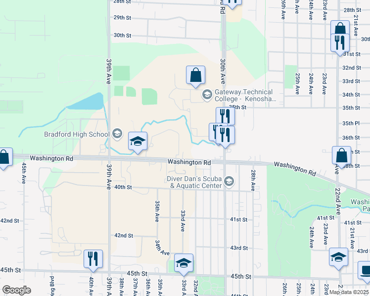 map of restaurants, bars, coffee shops, grocery stores, and more near 3222 Washington Road in Kenosha
