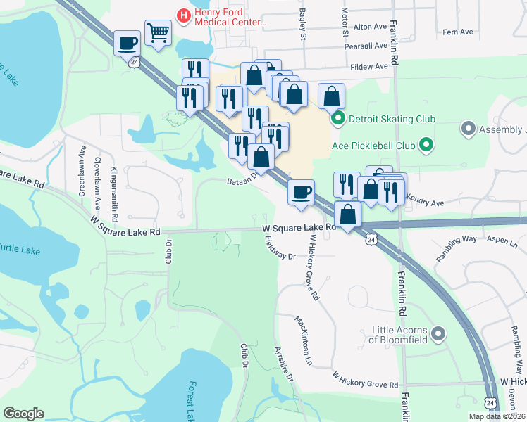 map of restaurants, bars, coffee shops, grocery stores, and more near 1442 West Square Lake Road in Bloomfield Township