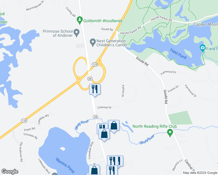 map of restaurants, bars, coffee shops, grocery stores, and more near 10 Colonial Drive in Andover