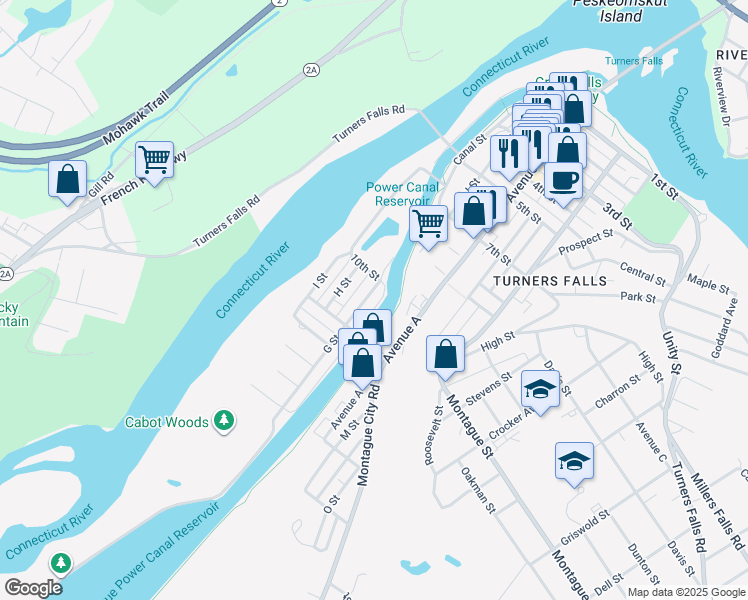 map of restaurants, bars, coffee shops, grocery stores, and more near 19 G Street in Montague
