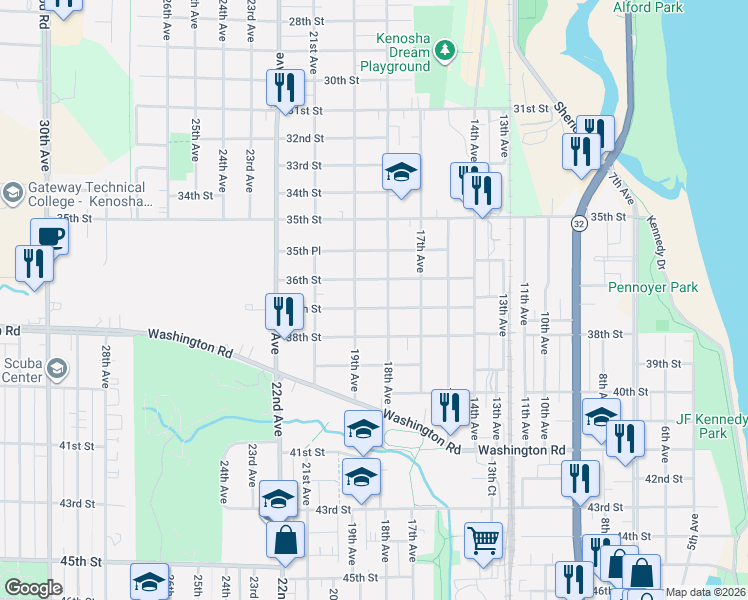 map of restaurants, bars, coffee shops, grocery stores, and more near 3713 19th Avenue in Kenosha