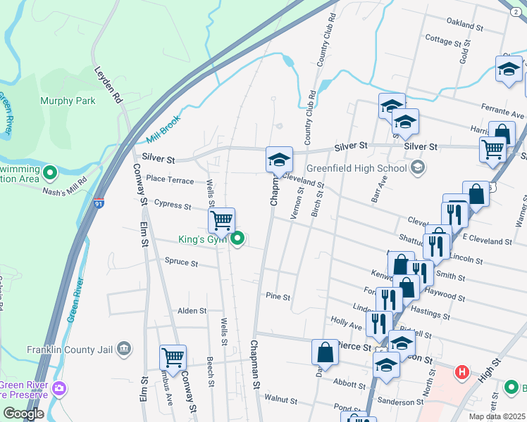 map of restaurants, bars, coffee shops, grocery stores, and more near 350 Chapman Street in Greenfield