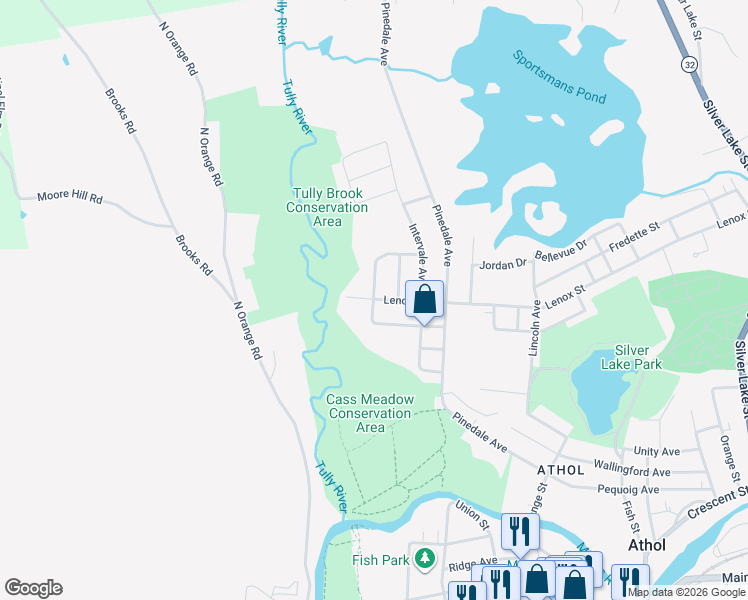 map of restaurants, bars, coffee shops, grocery stores, and more near 130 Western Avenue in Athol