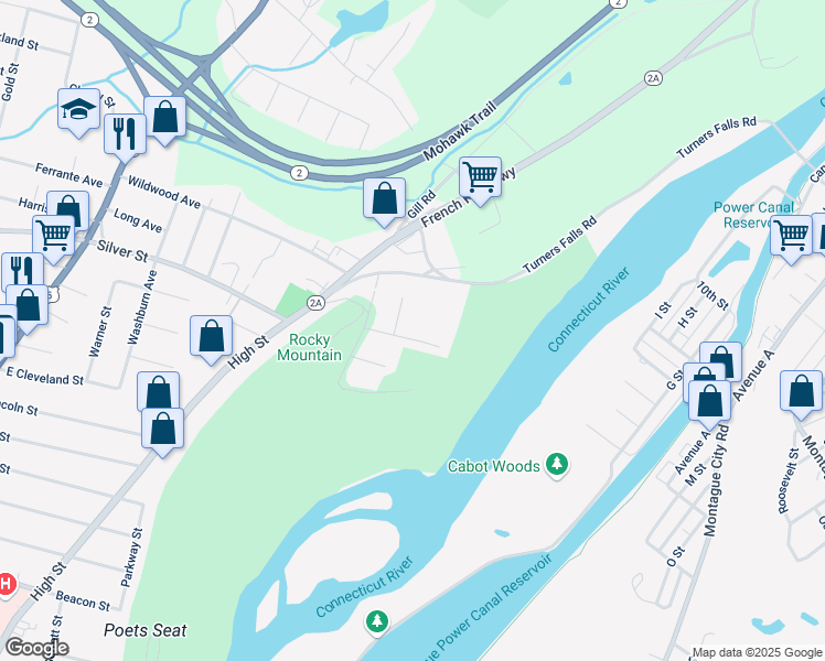 map of restaurants, bars, coffee shops, grocery stores, and more near 26 Sunrise Avenue in Greenfield