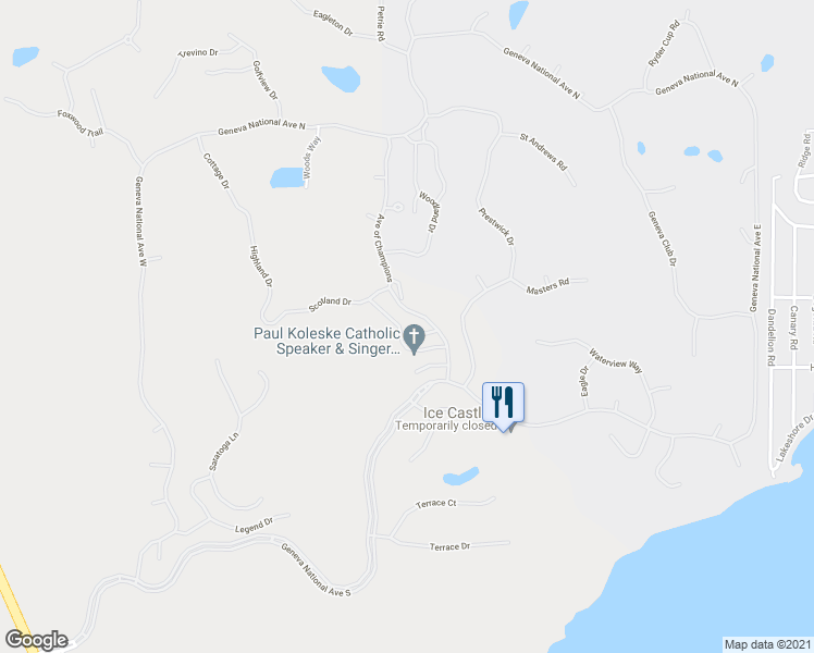 map of restaurants, bars, coffee shops, grocery stores, and more near 1099 Lakeland Way in Lake Geneva
