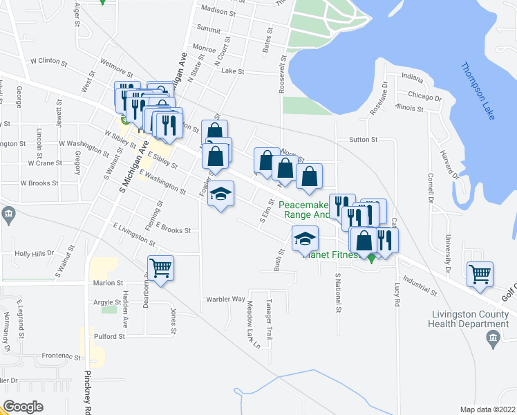 map of restaurants, bars, coffee shops, grocery stores, and more near 698 East Sibley Street in Howell