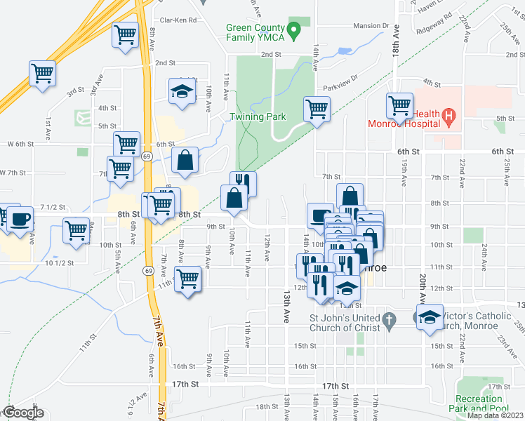 map of restaurants, bars, coffee shops, grocery stores, and more near 727 12th Avenue in Monroe
