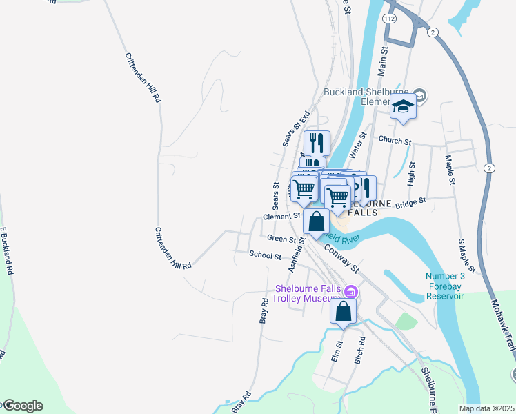 map of restaurants, bars, coffee shops, grocery stores, and more near 56 Sears Street in Shelburne Falls