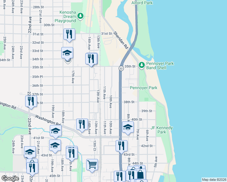 map of restaurants, bars, coffee shops, grocery stores, and more near 3712 Sheridan Road in Kenosha