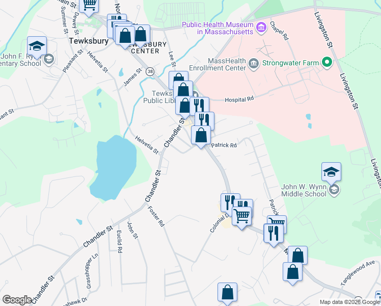 map of restaurants, bars, coffee shops, grocery stores, and more near 8 Hillcrest Road in Tewksbury