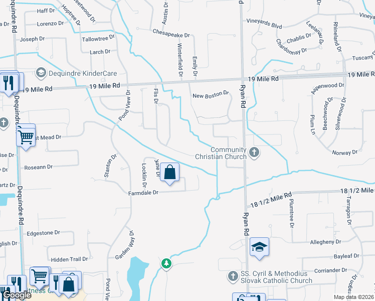 map of restaurants, bars, coffee shops, grocery stores, and more near 42457 Flis Drive in Sterling Heights
