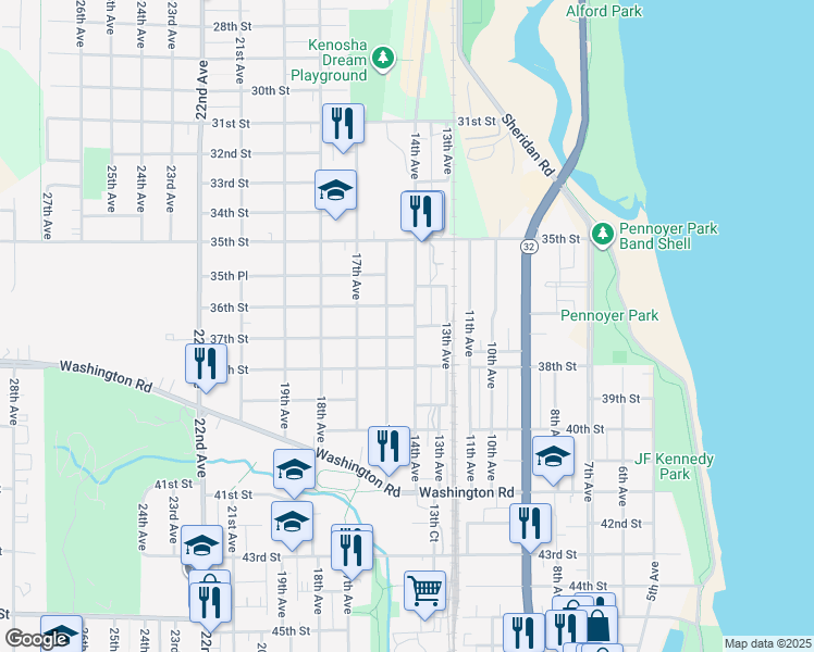 map of restaurants, bars, coffee shops, grocery stores, and more near 3709 16th Avenue in Kenosha