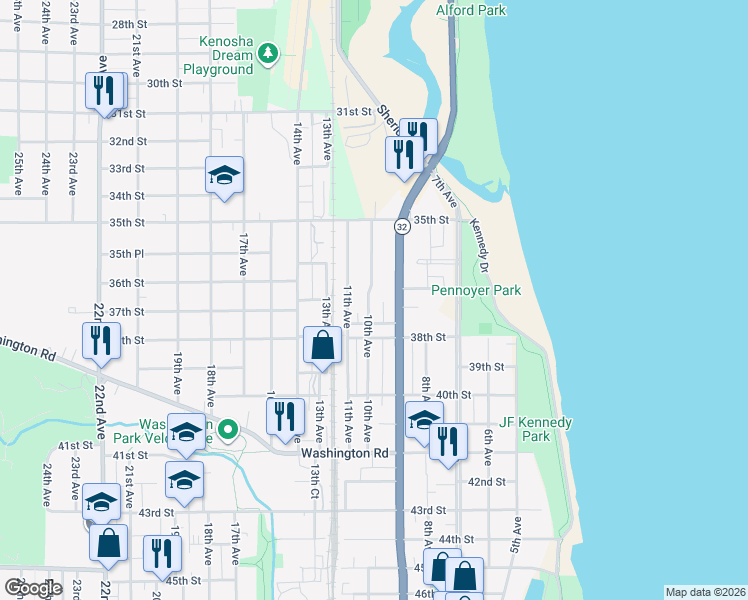 map of restaurants, bars, coffee shops, grocery stores, and more near 3712 Sheridan Road in Kenosha