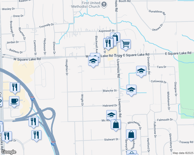 map of restaurants, bars, coffee shops, grocery stores, and more near 221 Florence Drive in Troy