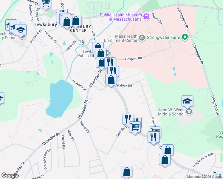 map of restaurants, bars, coffee shops, grocery stores, and more near 1325 Main Street in Tewksbury