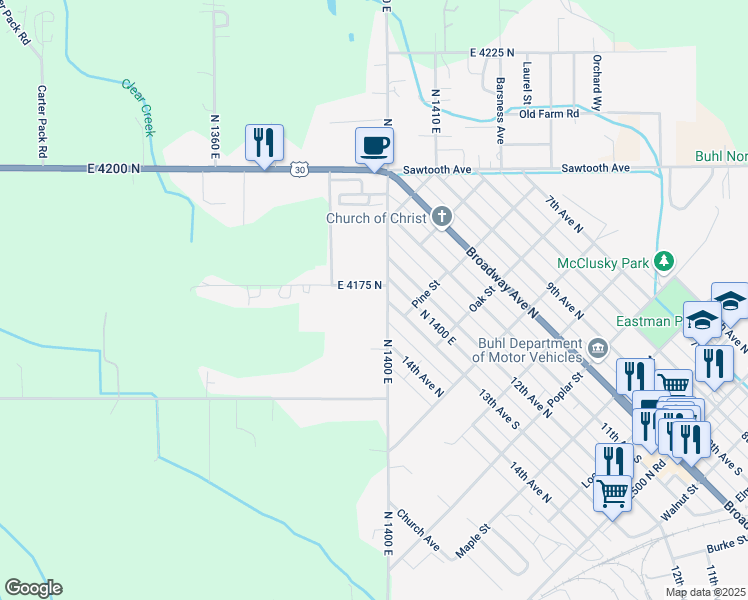 map of restaurants, bars, coffee shops, grocery stores, and more near 401 Fruitland Avenue in Buhl