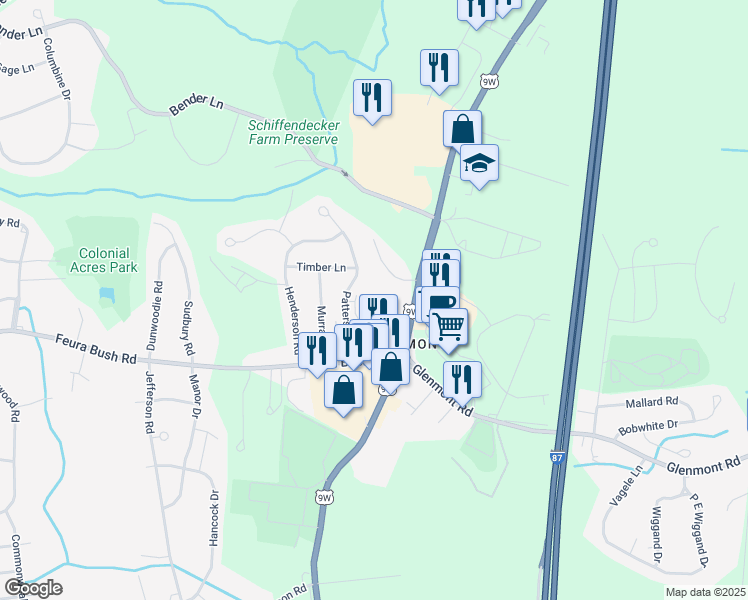 map of restaurants, bars, coffee shops, grocery stores, and more near 16 Tice Lane in Glenmont