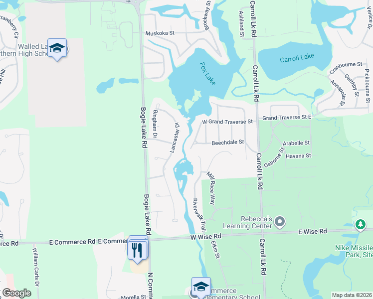 map of restaurants, bars, coffee shops, grocery stores, and more near 5674 Lancaster Drive in Commerce Charter Township