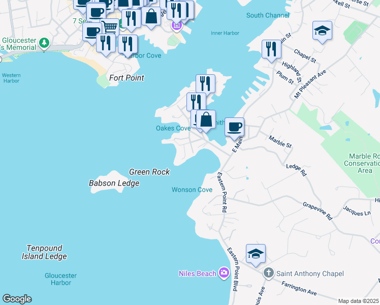 map of restaurants, bars, coffee shops, grocery stores, and more near 5 Fremont Street in Gloucester