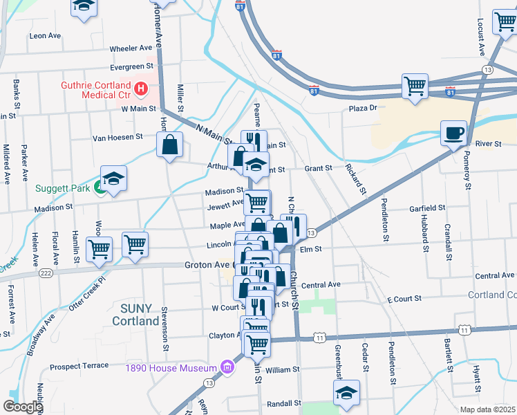 map of restaurants, bars, coffee shops, grocery stores, and more near 59 North Main Street in Cortland