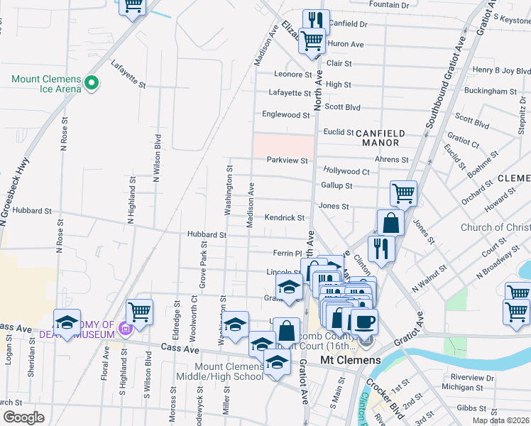 map of restaurants, bars, coffee shops, grocery stores, and more near 284 Jones Street in Mount Clemens