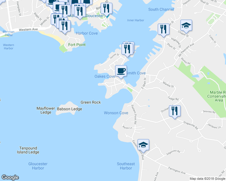 map of restaurants, bars, coffee shops, grocery stores, and more near 8 Wiley Street in Gloucester