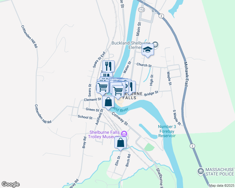 map of restaurants, bars, coffee shops, grocery stores, and more near 16 Bridge Street in Shelburne