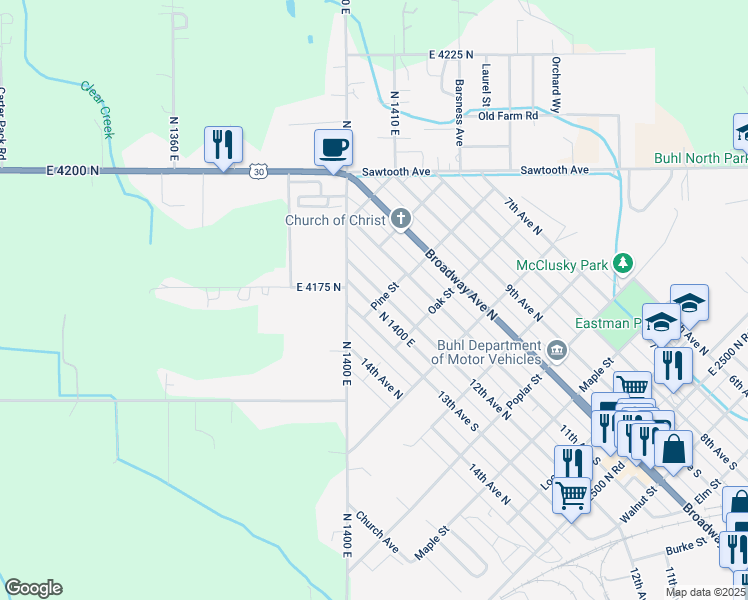 map of restaurants, bars, coffee shops, grocery stores, and more near 812 12th Avenue North in Buhl