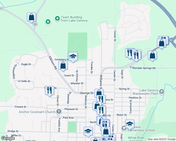 map of restaurants, bars, coffee shops, grocery stores, and more near 1300 Madison Street in Lake Geneva