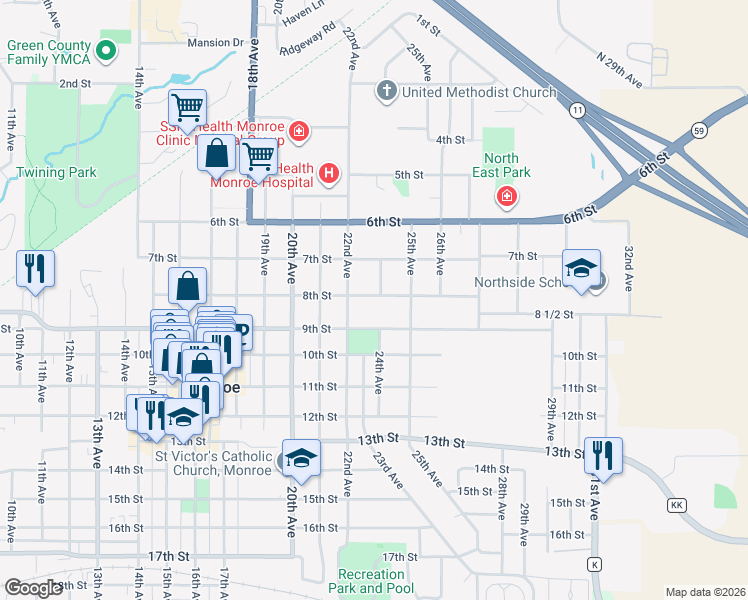 map of restaurants, bars, coffee shops, grocery stores, and more near 726 24th Avenue in Monroe