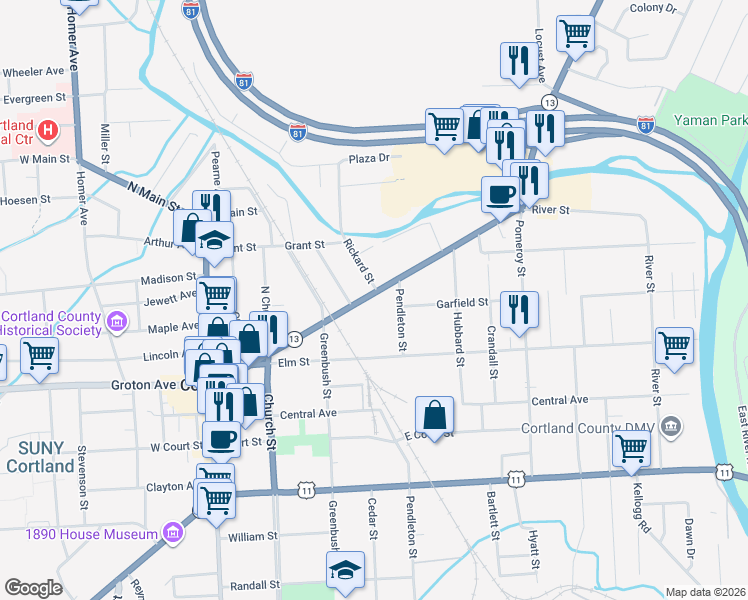 map of restaurants, bars, coffee shops, grocery stores, and more near 90 New York 13 in Cortland