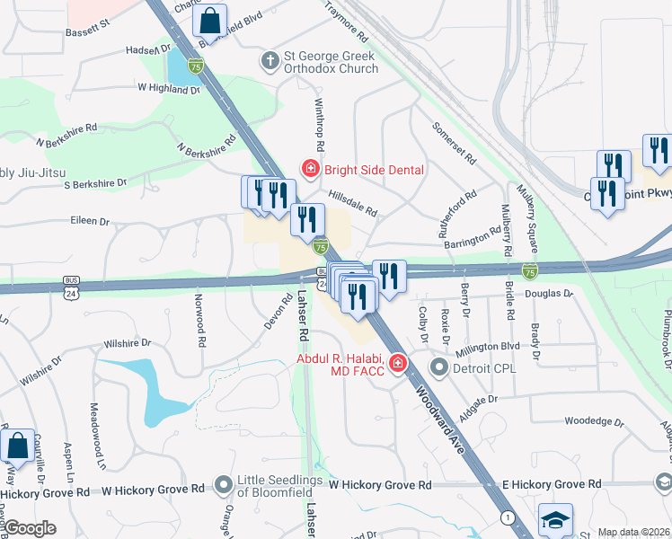 map of restaurants, bars, coffee shops, grocery stores, and more near Woodward Ave & E Square Lake Rd in Bloomfield Township