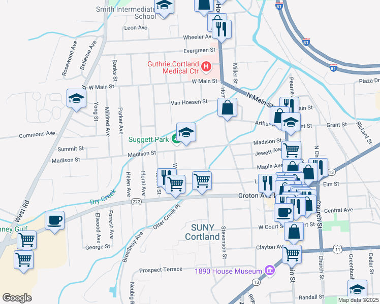 map of restaurants, bars, coffee shops, grocery stores, and more near 89 Madison Street in Cortland