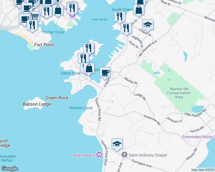 map of restaurants, bars, coffee shops, grocery stores, and more near 271R East Main Street in Gloucester