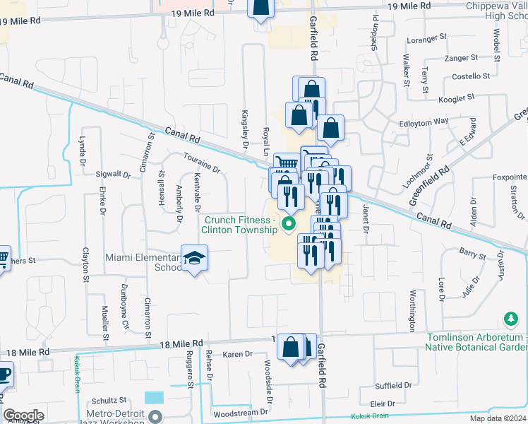 map of restaurants, bars, coffee shops, grocery stores, and more near 41868 King Edward Court in Clinton Township