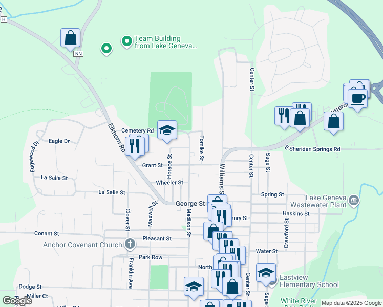 map of restaurants, bars, coffee shops, grocery stores, and more near 1300 Madison Street in Lake Geneva