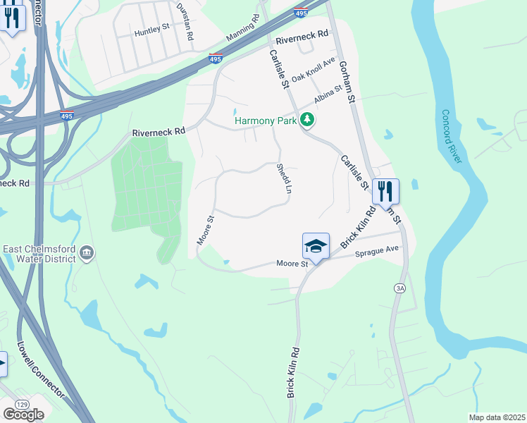 map of restaurants, bars, coffee shops, grocery stores, and more near 20 Shedd Lane in Chelmsford