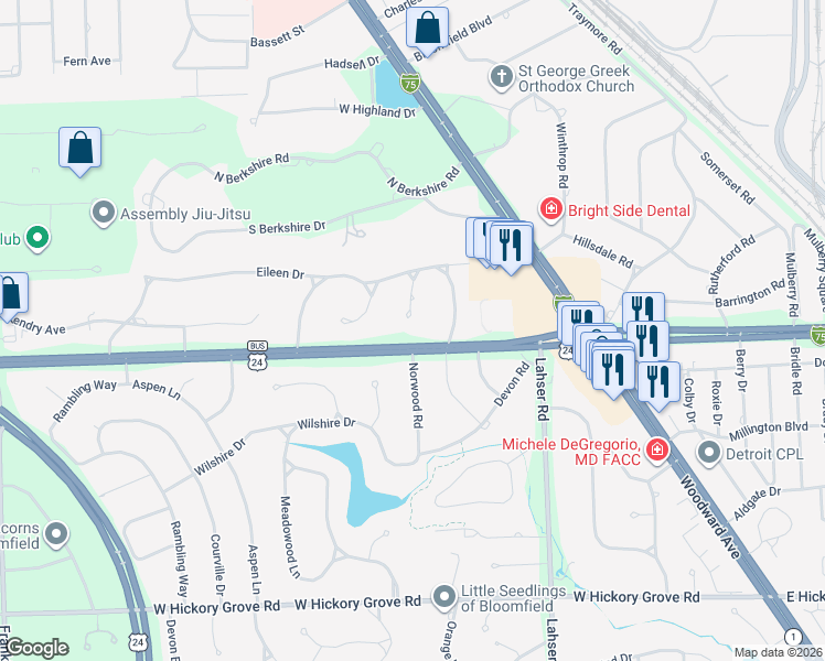 map of restaurants, bars, coffee shops, grocery stores, and more near 2427 Sanders Place in Bloomfield Township