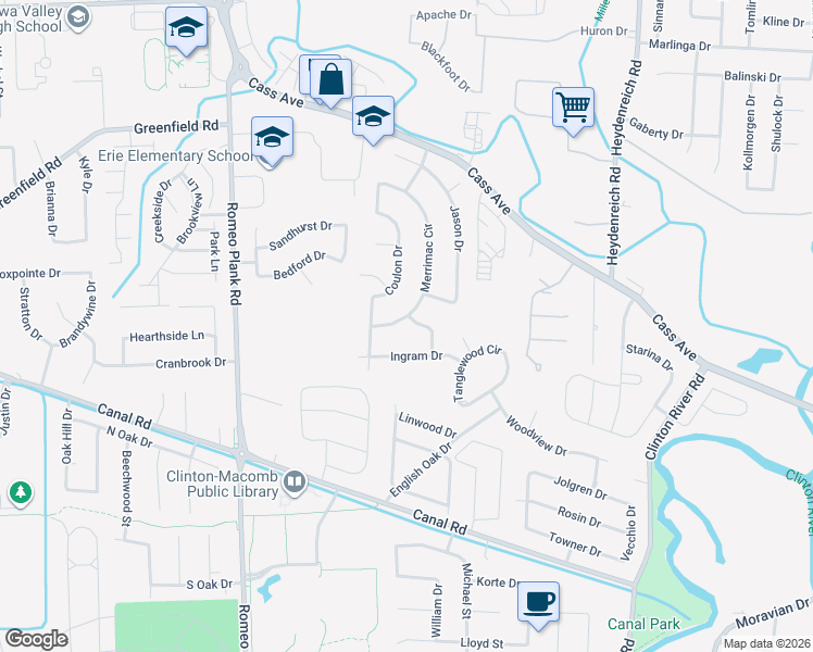 map of restaurants, bars, coffee shops, grocery stores, and more near 41781 Merrimac Circle in Clinton Township