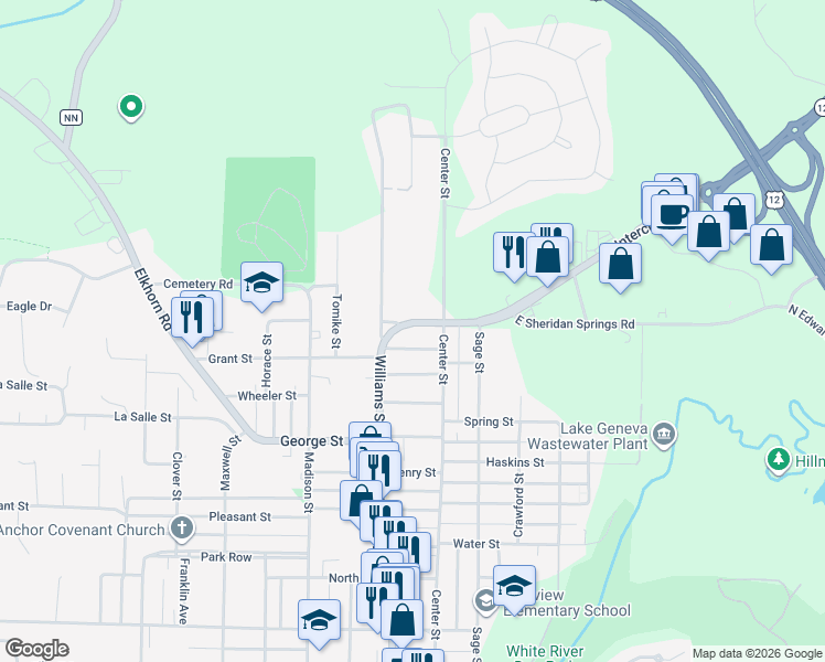 map of restaurants, bars, coffee shops, grocery stores, and more near W2716 East Sheridan Springs Road in Lake Geneva