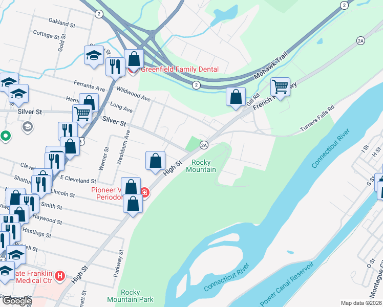 map of restaurants, bars, coffee shops, grocery stores, and more near 6 French King Hwy in Greenfield