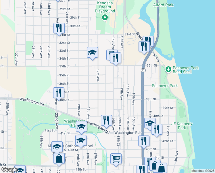 map of restaurants, bars, coffee shops, grocery stores, and more near 3609 16th Avenue in Kenosha