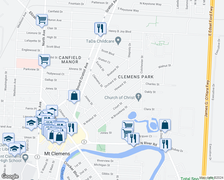 map of restaurants, bars, coffee shops, grocery stores, and more near 233 Howard Street in Mount Clemens