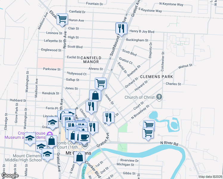 map of restaurants, bars, coffee shops, grocery stores, and more near 80 Brooks Street in Mount Clemens