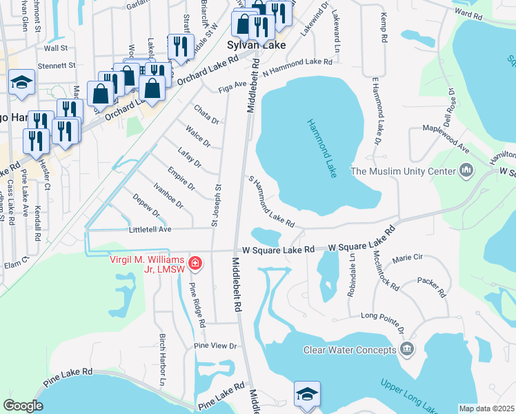 map of restaurants, bars, coffee shops, grocery stores, and more near 2154 South Hammond Lake Road in West Bloomfield Township