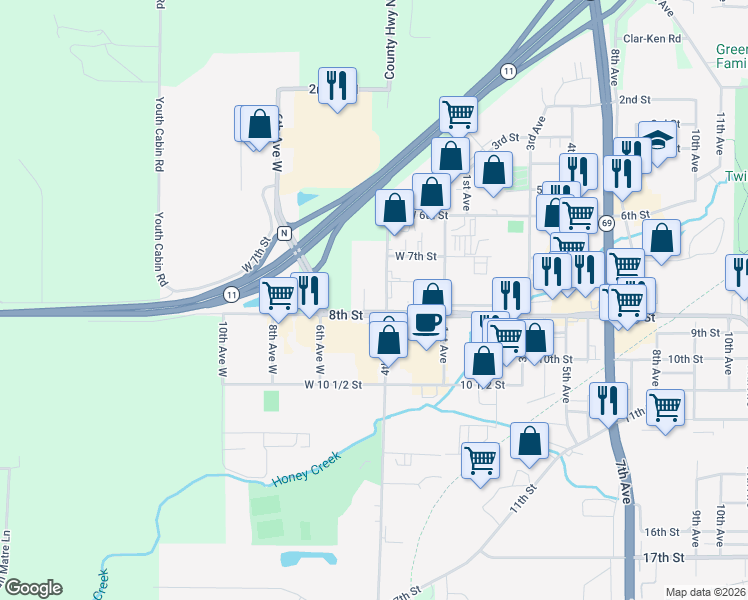 map of restaurants, bars, coffee shops, grocery stores, and more near 403 W 8th St in Monroe