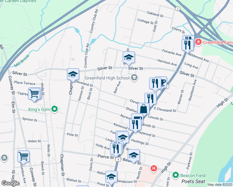 map of restaurants, bars, coffee shops, grocery stores, and more near 41 Barr Avenue in Greenfield