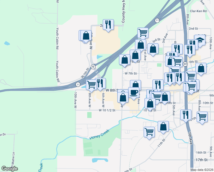 map of restaurants, bars, coffee shops, grocery stores, and more near 507 West 8th Street in Monroe