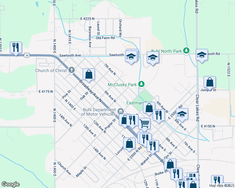 map of restaurants, bars, coffee shops, grocery stores, and more near 516 8th Avenue North in Buhl