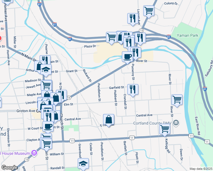 map of restaurants, bars, coffee shops, grocery stores, and more near 107 Clinton Avenue in Cortland